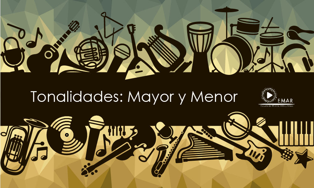 Dibujos de instrumentos musicales con la inscripción Tonalidades Mayor y Menor